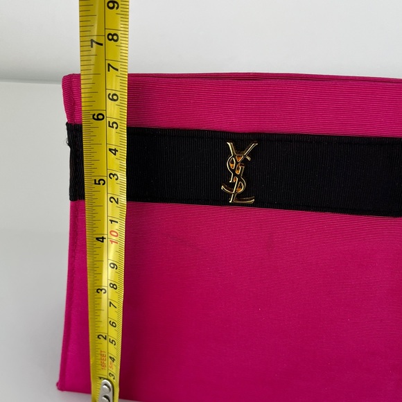 YSL Yves Saint Lauren Parfums Hot Pink Black Gold Grosgrain Clutch Authentic - Picture 11 of 12